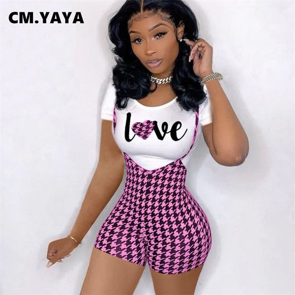 

cm.yaya women set print short sleeve sheath elastic bodycon overalls 2 piece summer tracksuit casual outfit 220315, White