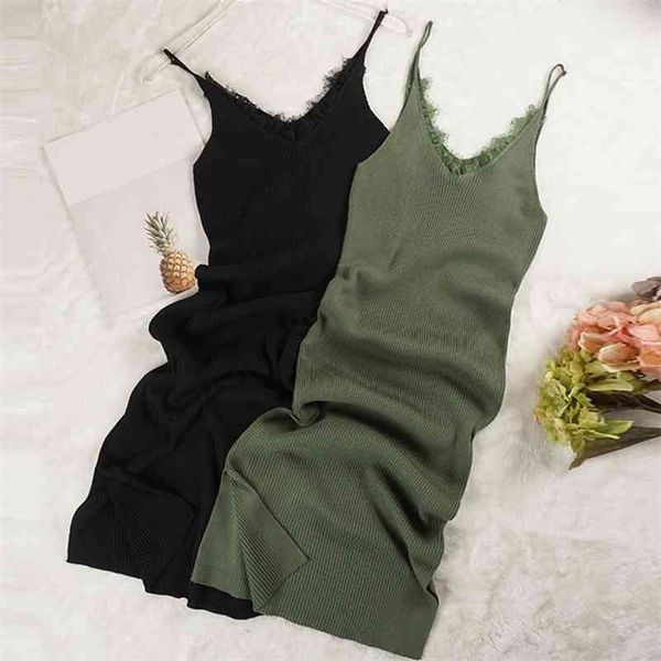 

new women spaghetti strap dresses split v-neck lace patchwork knitted dress ladies sleeveless bodycon tank dress vestidos p022 210323, Black;gray