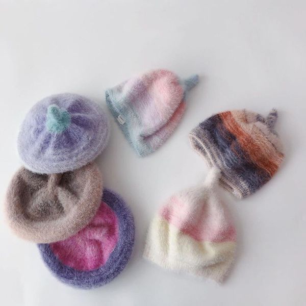 

berets autumn children striped girl painter hat thickened warm winter cap multicoloured kids party hats fashion bonnet 2-12y, Blue;gray