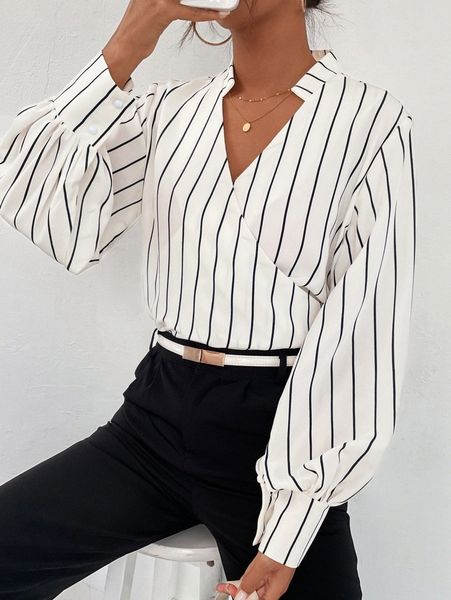 

vertical stripe lantern sleeve blouse 77ki#, White