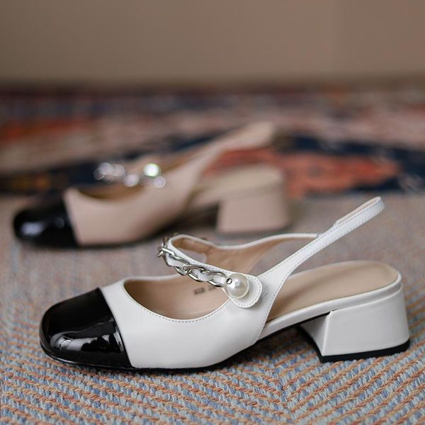 

dress shoes slhjc retro leather heels patchwork mary janes pumps med heel square toe spring summer casual for woman, Black