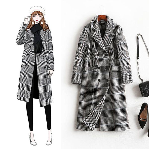 

women's wool & blends -5xl plus size 2021 loose large dress thin woolen plaid coat length 8486, Black