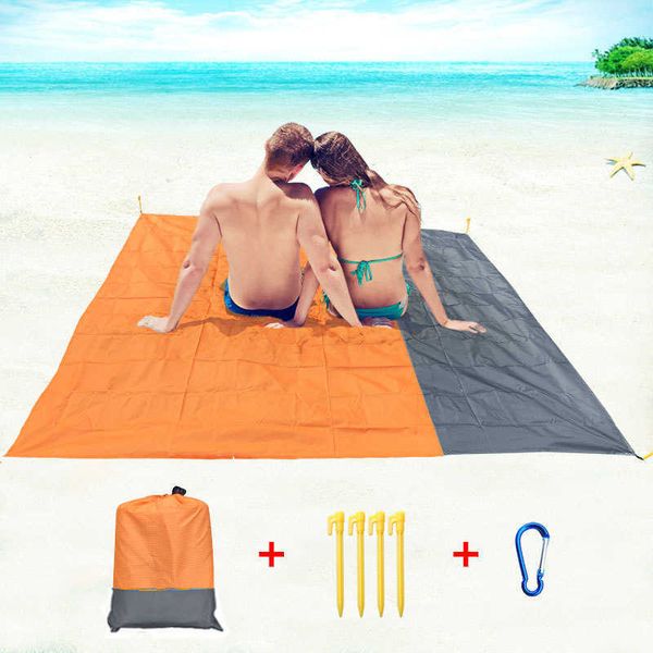 Großes Strandtuch, Anti-Sand-freie Matte, Decke, Tasche, Picknick, 4 Anker, Wind verhindern, 200 x 210 cm, wasserdicht, 210728