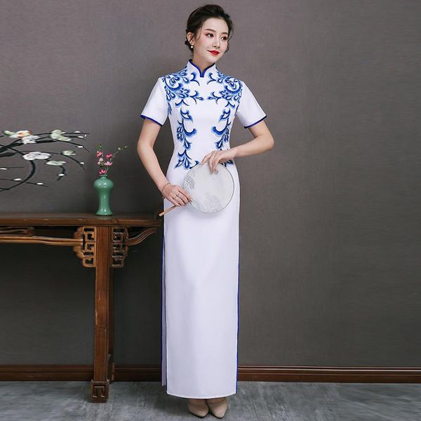 

ethnic clothing women white qipao chengsam elegant embroidery flower satin chinese dress classic slim long vestidos plus size 3xl 4xl 5, Red