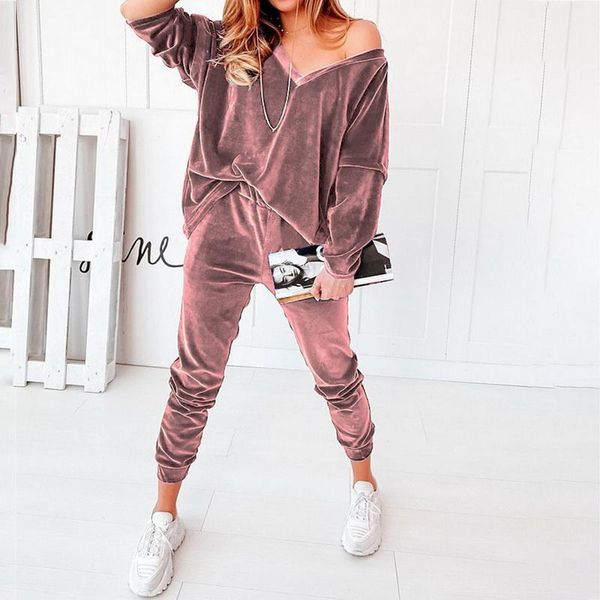 

gym clothing drawstring loungewear spring autumn loose elastic waist ladies sets women solid velvet v-neck long sleeve simple casual suit, White;black