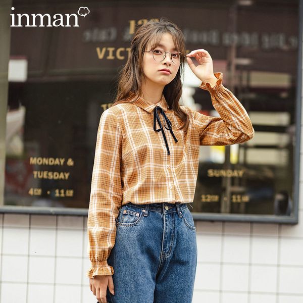 

blouses winter plaid retro hongkong style bow petal sleeve long sleeves pure cotton women's shirt 7v8p, White