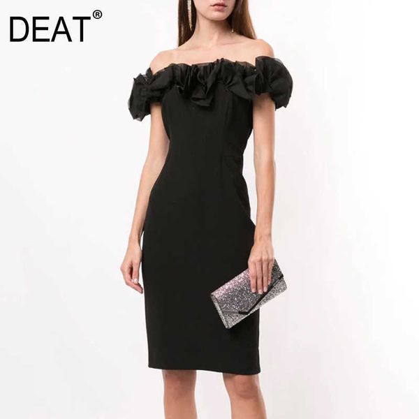 

[deat] black women style high waist slash neck quality dress loose fit temperament fashion spring summer 210527, Black;gray