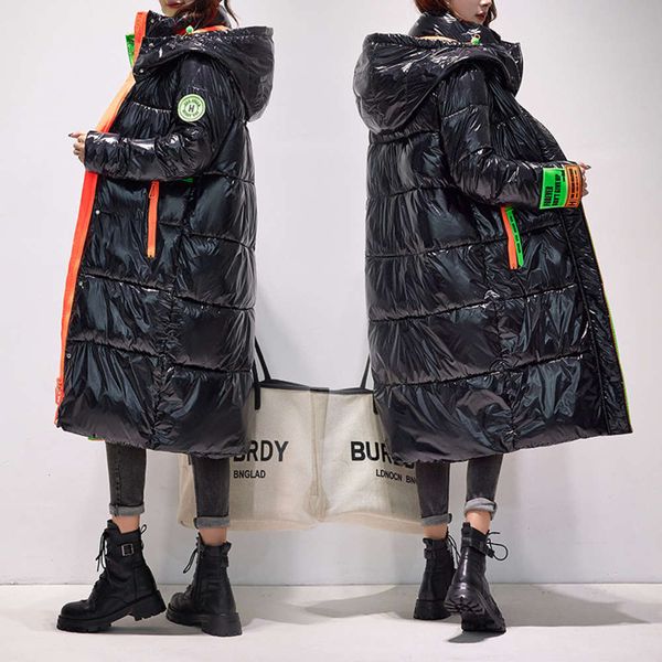 

color contrast loose down cotton jacket women's version thickened and extended urban leisure hooded jacket, Black