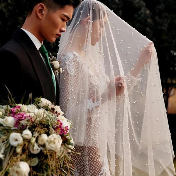

bridal veils elegant pearls one layer tulle beading luxury handmade wedding accessories cpa1423, Black