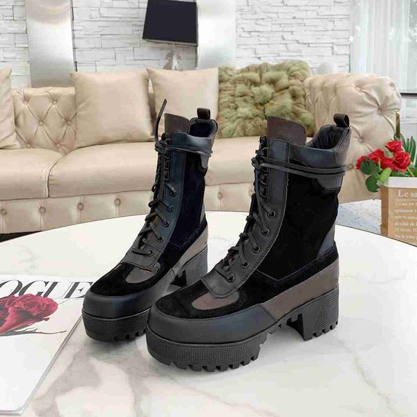 

cowhide leather martin boots canvas women desert boot fashion platform printed lace-up thick heels woman designer booties, Black