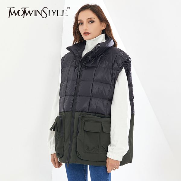 

splicing pocket cotton vest for women stand collar sleeveless hit color casual loose female fashion winter 210524, Black;white