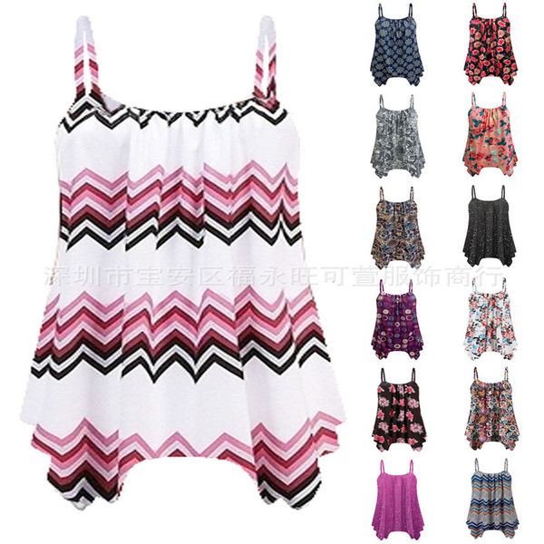 

summer 2021 printed pleated loose women's irregular suspender top, Black;white