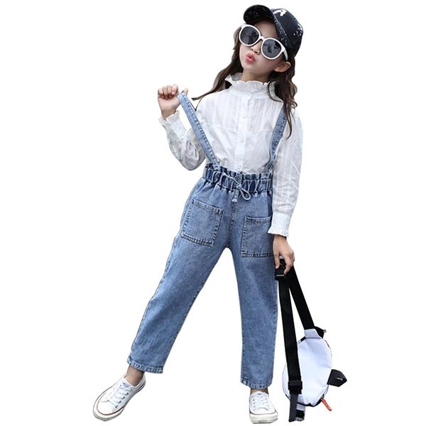 Salopette in denim per bambini per ragazze Bambini Bretelle primaverili Matita Jeans Tuta 6 8 10 12 210527