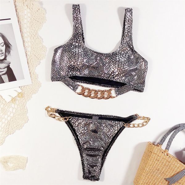 

snake printed 2021 bikini female swimsuit women swimwear two-piece bikini set with chain bather bathing suit swim k1895