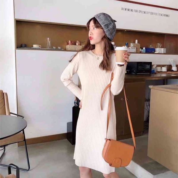 

autumn/winter slim long-sleeved knitted skirt college style mid-length base female korean sweater 210427, White;black