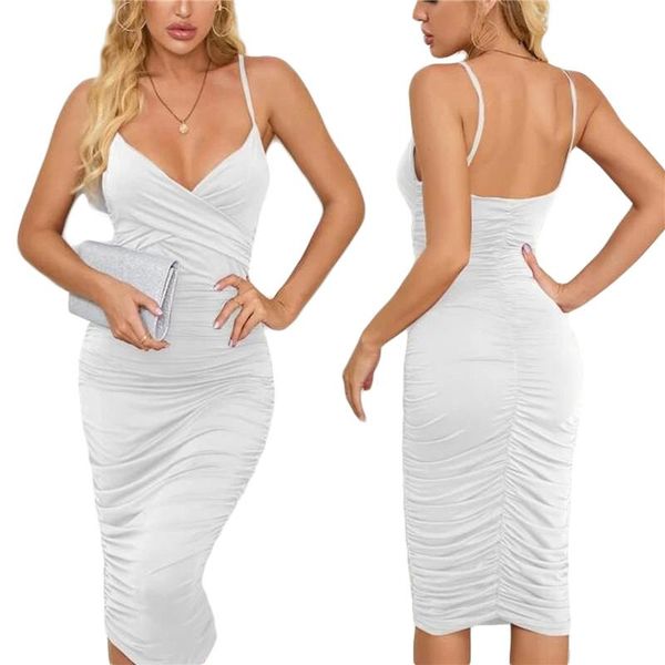 

casual dresses women solid color sling dress, sleeveless deep v-neck high waist pleated midi bodycon dress, Black;gray