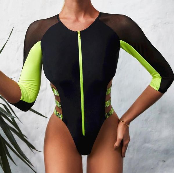 

sports one piece swimsuit female patchwork monokini long sleeves swimwear women zipper bathing suit thong bodysuit set two-piece suits