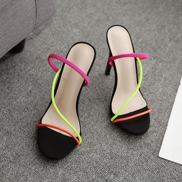 

2021 summer new fashion flock women slippers thin high heels dress slip on causal slides mules colorful plus size 35-42, Black