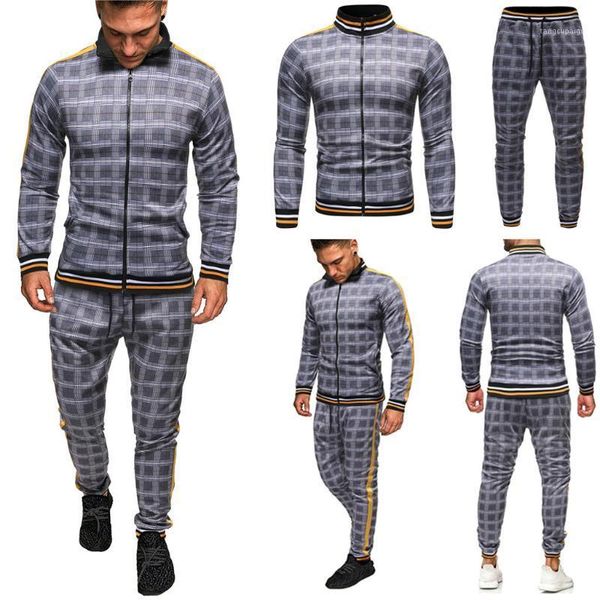 

men's tracksuits sportswear men sets mens autumn plaid printed zipper sweatshirt pants sports suit tracksuit los hombres conjuntos, Gray