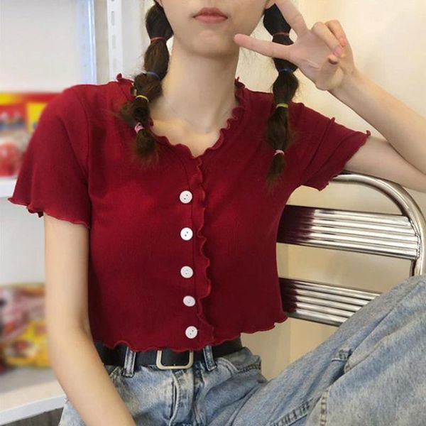 

women's t-shirt summer crop sweet korean style women v-neck short sleeve shirts ladies knited shirt casual white