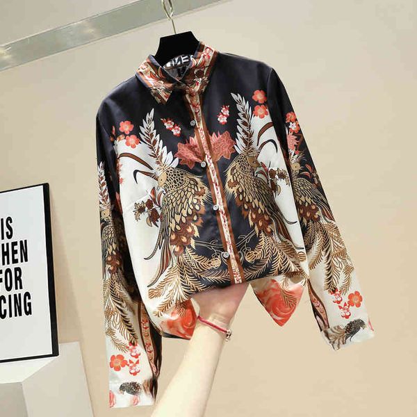 

suits retro woman blouse lapel single-breasted long sleeve shirts fashion printing shirt female blusas, White;black