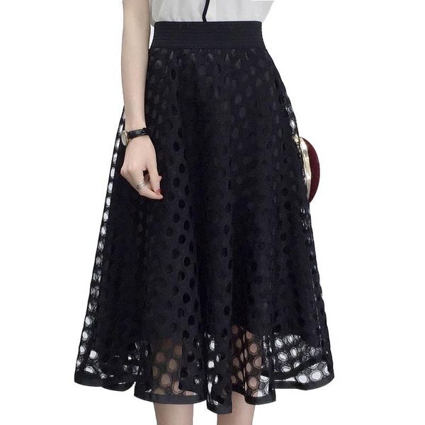 

summer korean women high waist thin a line circle hollow out lace mid length skirts, Black