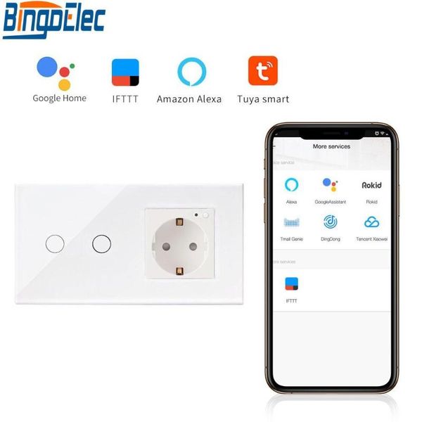 

smart home control bingoelec light switch 2 gang 1 way with wifi germany socket,three color glass panel work for alexa tuya app