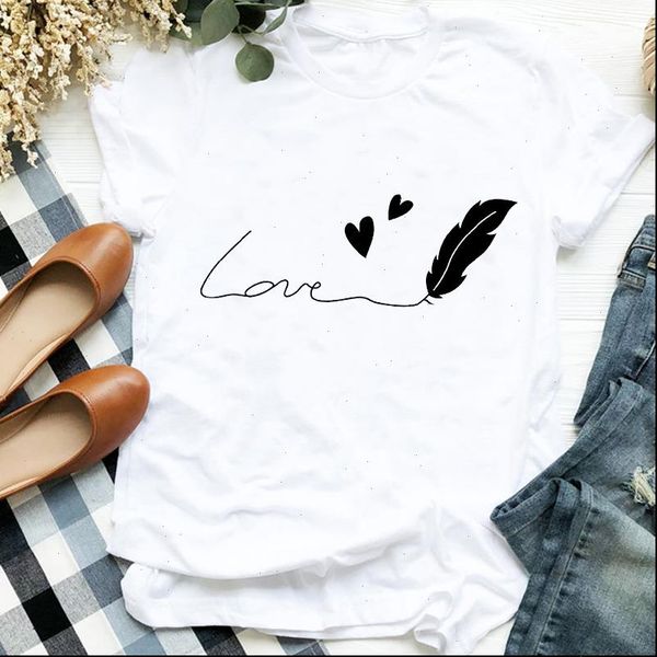 

women lady love feather trend fashion sweet 90s clothing print womens clothes shirt t tee for tshirt female top, White