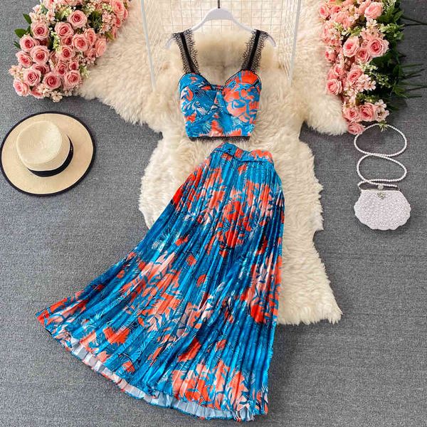 

two piece dress summer seaside print camisole tube sleeveless two-piece elegant pleated dress womens with large swing 2 piece, White