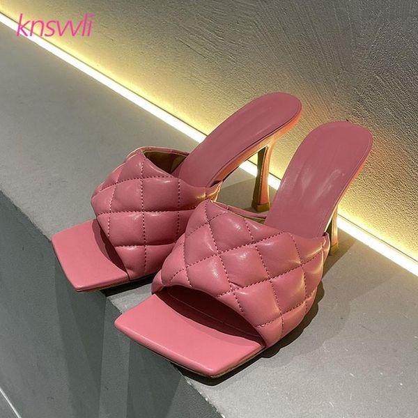 

high heels slippers women candy color rhombus leather mules summer catwalk shoes woman square toe thin sandals, Black