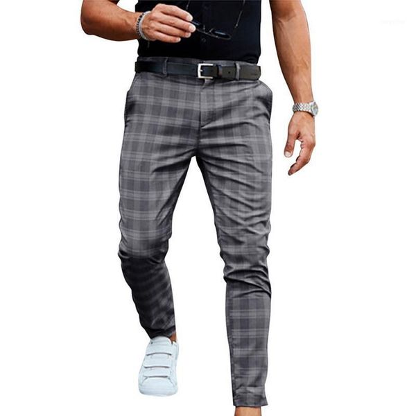 

men pants smart casual clothing plaid pencil 2021 long trousers male fashion slim men's, Black