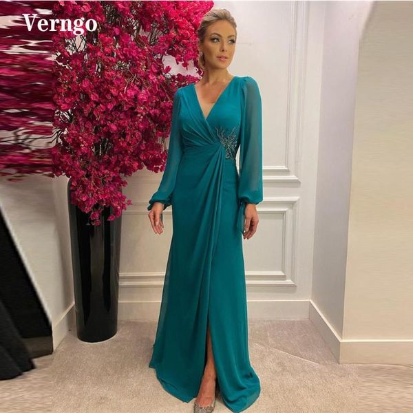 

party dresses verngo mother modest teal green chiffon prom long sleeves v neck front slit beads applique pleats women evening gowns, White;black