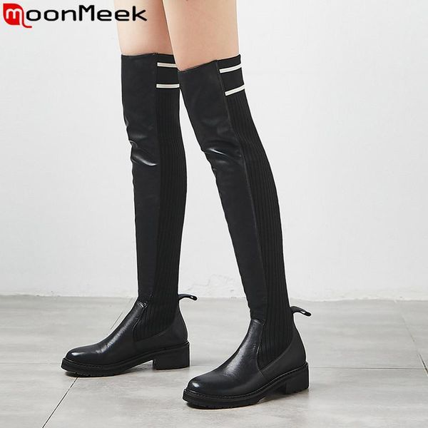

boots moonmeek fashion over the knee women round toe stretch+genuine leather square high heels shoes long, Black
