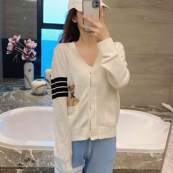 

2021 spring and autumn new tb college cartoon bear four bars wool cardigan knitted jacket women's thin loose, White;black