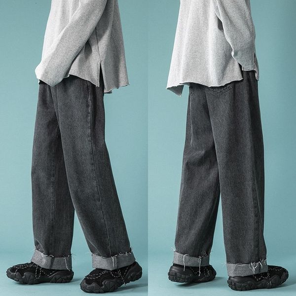 

men's jeans korean wide-leg fashion casual cotton retro men streetwear loose hip-hop straight denim trousers mens s-2xl aq3x, Blue