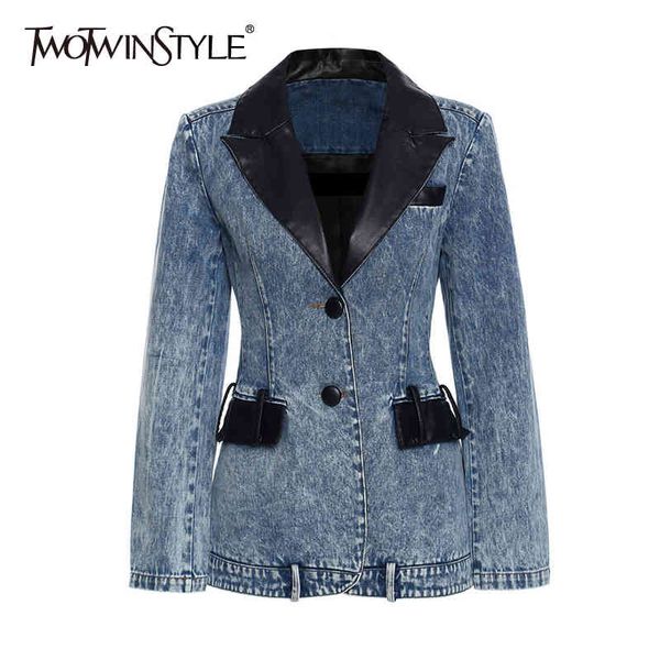 

twotwinstyle denim patchwork pu blazer for women notched long sleeve casual blazers female fashion clothing autumn 210517, White;black