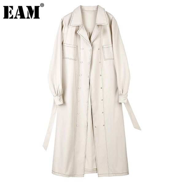 

[eam] women beige belt double breasted long trench lapel long sleeve loose windbreaker fashion spring autumn 1dd0762 210812, Tan;black