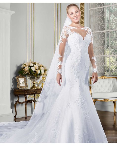 

modern ivory mermaid wedding dresses for bride appliques lace sheer back buttons long sleeve wedding gowns crew neck mestern style bridal dr, White