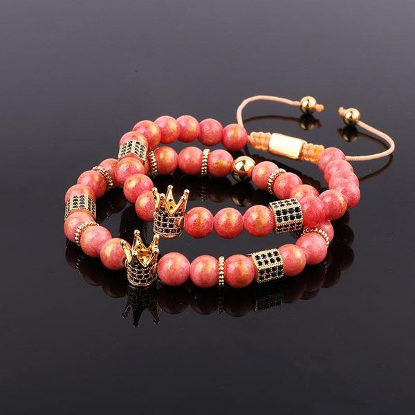 

beaded, strands color gold plating natural stone cubic zircon pave crown charm adjustable macrame beads bracelet set women, Black