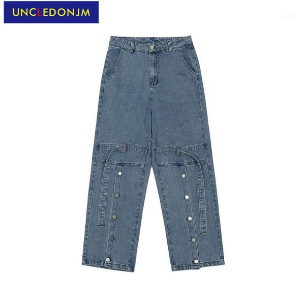 

men's jeans uncledonjm button ankle for men ribbons hip hop pants baggy women distressed denim l108, Blue