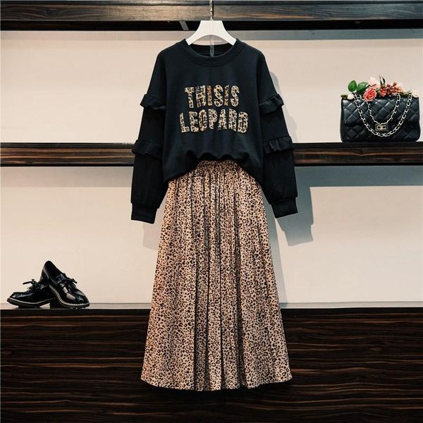 

two piece dress plus-size l -5xl women's younger sister fleece autumn/winter fashion black hoodies leopard pleated skirts pcs leisure s, White