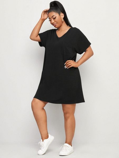 

plus solid v neck tee dress b0am#, Black