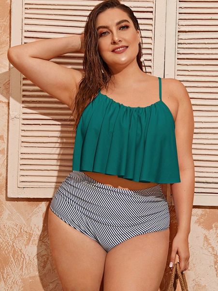 

plus striped print ruffle bikini swimsuit h9cx#, Black