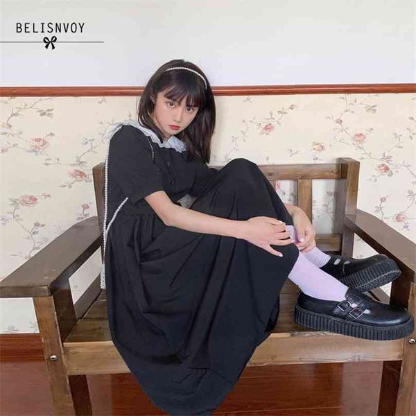 

summer japanese streetwear midi dress harajuku lace collar women gothic long vintage short sleeve bandage cosplay 210520, Black;gray