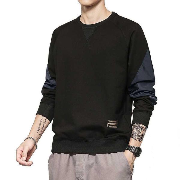 

men's hoodies & sweatshirts trend dropped shoulder long sleeve pullover patchwork gray casual sweatershirts with one side zipper pocket, Black