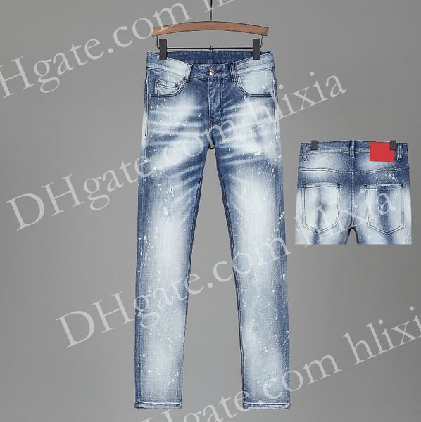 

2021 mens rips stretch black jeans fashion slim fit washed motocycle denim pants panelled hip hop trousers h802 jeans, Blue