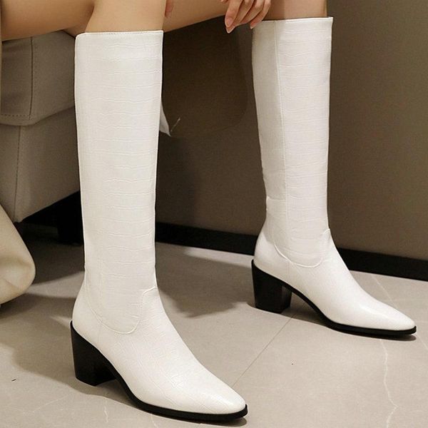 

boots ladies fashion stone pattern knee thick heel round toe microfiber sleeve spring autumn, Black