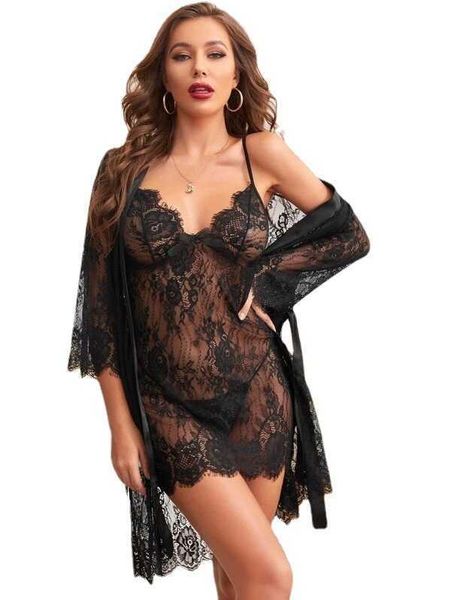 

women's sleepwear eyelash pajamas lace up robe sling three piece suit, Black;red