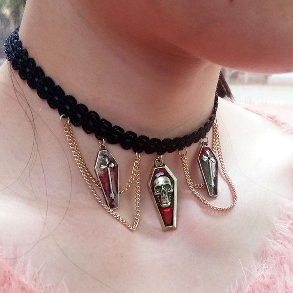 

chokers goth lace gold color tassel drop cross necklace for women metal chain punk hip skull pendant gothic accessories gifts, Golden;silver
