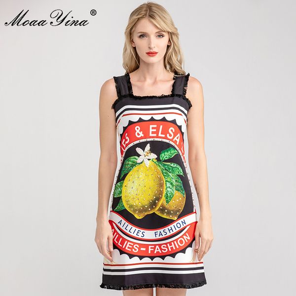 

fashion runway dress spring summer women's dress spaghetti strap lemon print beading sequined dresses 210524, Black;gray